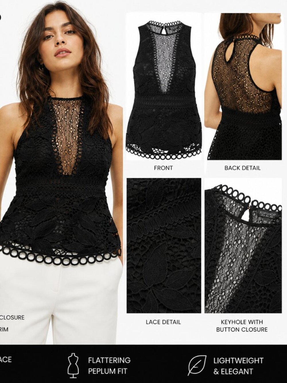 Top Shop Black Lace Peplum Women Top US Size 6 Fits Like a US 2-4